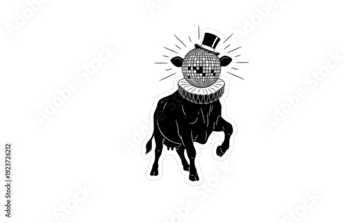 Funny Victorian cow with Disco Ball Sticker Silhouette. Quirky Surreal Silliness and Humorous Character Design for Gen Z Aesthetic Vector.