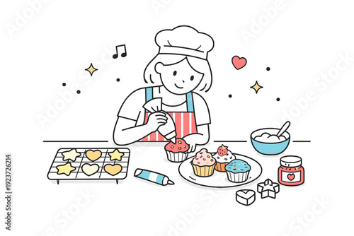 DIY food projects. Person decorating homemade baked goods on a simple countertop. Creative play, attention to details, and joyful making.