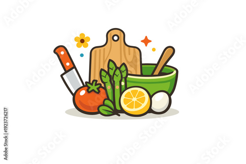 Spring cooking represented as a compact badge with kitchen utensils and fresh produce combined into a cohesive symbol. The illustration feels