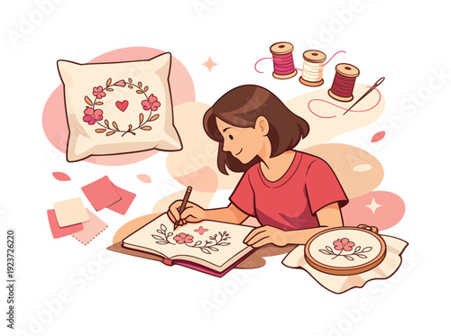 Personalized pillow embroidery. A maker sketches floral motifs before stitching, threads and