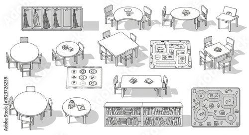 Detailed illustration of various tables and chairs, showcasing furniture design and arrangement.