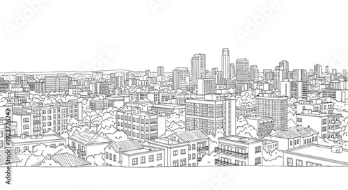 Urban cityscape with skyscrapers and houses in linear art style