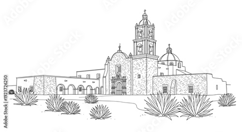 Historic mission church with agave plants - linear architectural drawing