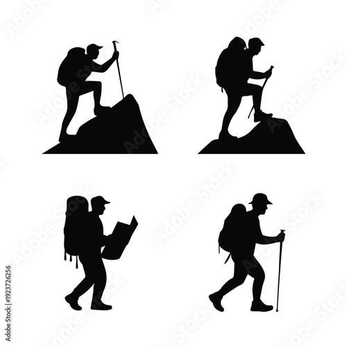 A set of four black silhouette icons of hikers climbing mountains with backpacks and trekking poles