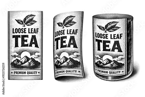 Loose leaf tea jar label. A vertical paper label designed for a glass tea jar is shown from three different angles: straight-on view, curved surface side view,