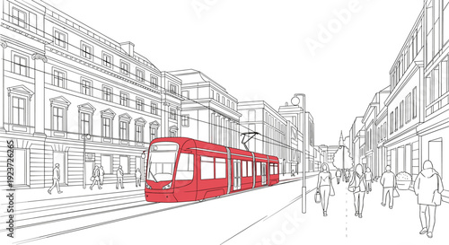 Red tram in urban cityscape: linear line drawing of downtown architecture and public transport
