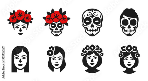 Dia de los muertos style icons: skulls and floral adorned faces