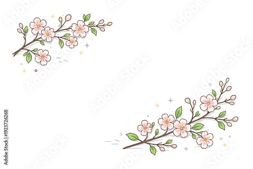 Blooming branches. Minimal spring scene with a few flowering branches placed asymmetrically, creating a calm and modern botanical illustration. Focus on