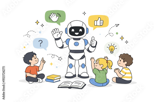 Humanoid robot interacting with kids. A friendly robot showing simple gestures to children in a classroom, light abstract shapes and dialogue bubbles floating,