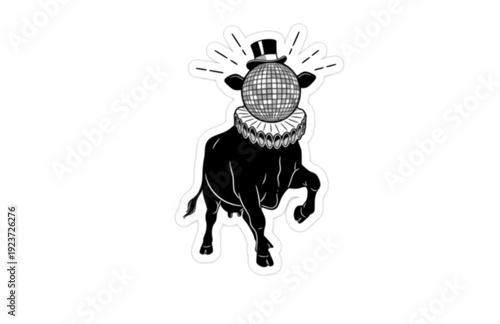 Funny Victorian cow with Disco Ball Sticker Silhouette. Quirky Surreal Silliness and Humorous Character Design for Gen Z Aesthetic Vector.