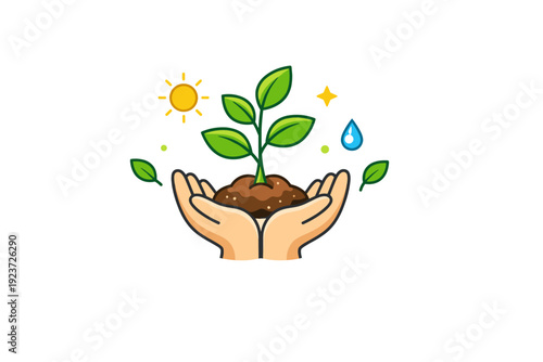 Spring sustainability a calm scene with a young plant supported by hands and small leaves, conveying care for nature, growth, and long-term environmental