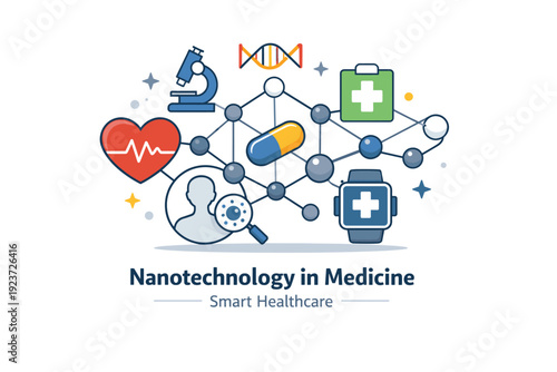Nanotech Healthcare Innovation. Nanotechnology in medicine smart healthcare innovation portrayed by molecular structures integrated with medical icons,