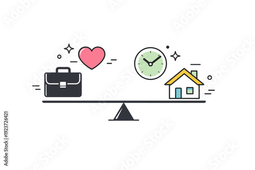 Work life balance lifestyle. Abstract composition combining briefcase, heart, clock, and home icons in harmony. Conceptual view of balanced priorities and
