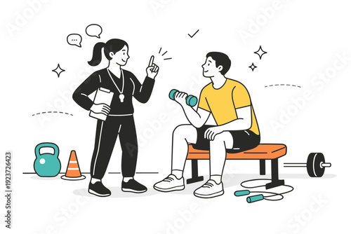 Guidance and review session. Abstract scene of coach and athlete with training props, gestures indicating correction, encouragement, or tips, conveying