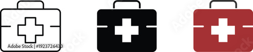 First aid kit briefcase icon showing emergency medical supplies. Healthcare illustration for medical rescue, safety equipment, first aid treatment, doctor's bag, trauma kit, and health security.