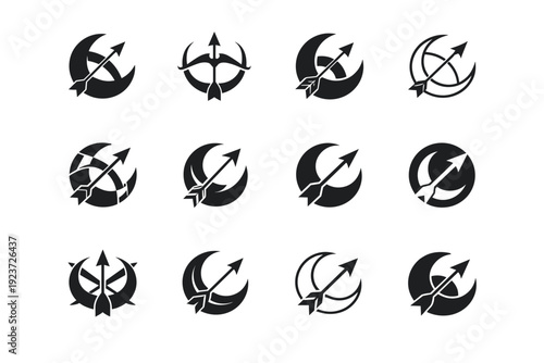 lunar hunters. Icon set. Set Logo of lunar hunters: moon with bow and arrow motif. harmonious logo variations of the same emblematic concept,