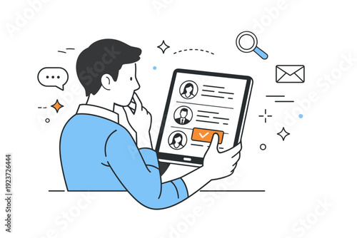 Professional networking online moments. Person reviewing professional profiles on a tablet, pausing thoughtfully before selecting one. Intentional relationship