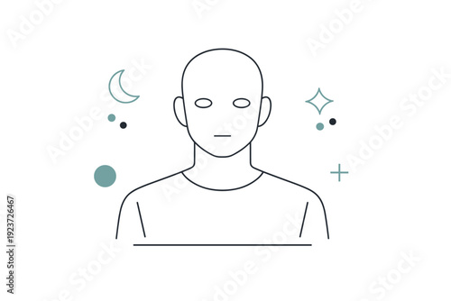 Emotionless presence. A stylized portrait with empty eyes, relaxed shoulders, and a blank background, featuring minimal lines and