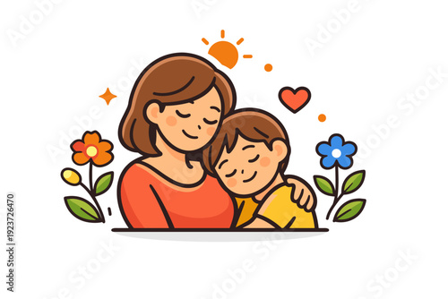 Mother and child spring portrait affectionate moment with the child leaning into the mother, framed by simple floral elements and warm light, expressing