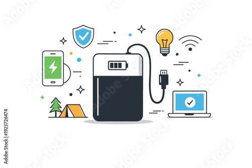Reliable backup power. An editorial-style composition highlighting a power bank as a dependable energy source, with simple symbols of