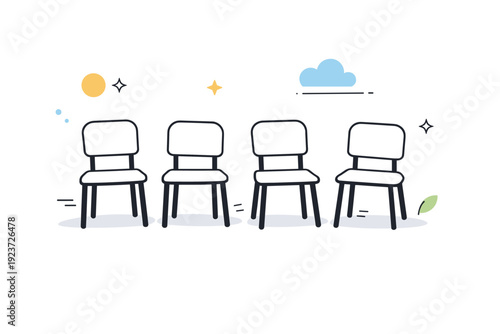 Chairs slightly moved. A simple room with chairs subtly shifted from perfect alignment, suggesting recent human presence. Quiet aftermath, calm stillness, soft