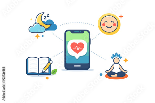 Digital mental wellness ecosystem a central smartphone connected to icons for sleep, mood, journaling and meditation, illustrating holistic