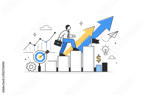 Career growth. Abstract editorial composition of arrows, charts, and upward motion lines, expressing ambition, momentum, and long-term