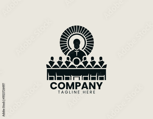 Spiritual dinner gathering scene with central figure and followers in clean modern vector illustration style