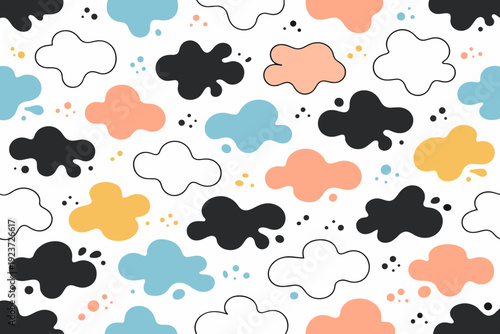 Ink blot seamless pattern. Soft irregular ink blots distributed evenly, creating a rhythmic and cohesive surface design. Calm artistic flow,