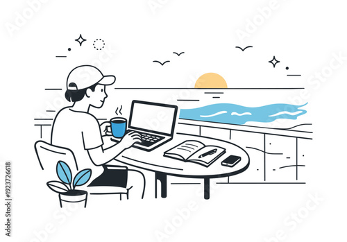 Remote work by the seaside. Morning remote routine with laptop and notebook on a terrace near the beach, fresh air and quiet focus. Peaceful