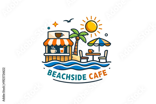 Beachside cafe modern editorial badge with cafe icons, waves and sun elements, capturing coastal charm, relaxation and everyday seaside joy.