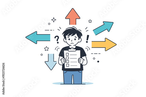 Decision paralysis. A character frozen between multiple directional arrows pointing in different ways, holding a clipboard with unchecked