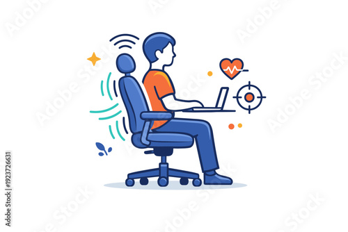 Smart office furniture highlighting ergonomic wellbeing through a chair responding to posture with gentle motion lines and sensor symbols. A