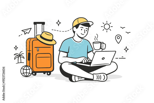 Digital nomad working abroad. A relaxed character sitting with a laptop and coffee, travel bag nearby, suggesting movement and freedom. The