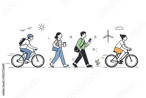 Cycling and walking commuters. Minimalist depiction of active and eco-friendly transport, calm and approachable mood. Editorial vector scene with stylized