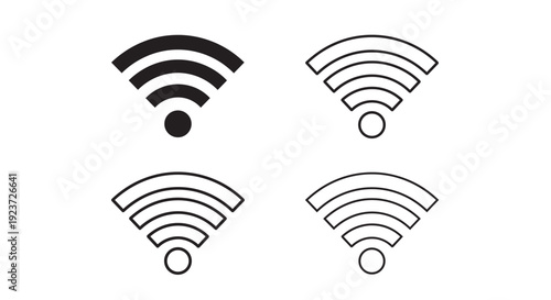 WiFi signal vector icon set. Includes wireless, network, internet, connection, and hotspot symbols. Created in solid and outline styles with a black and white palette.