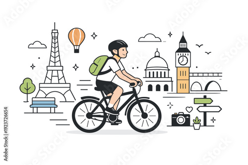Bike tour through the city. Cyclist with helmet riding past simplified landmarks and street elements. Friendly modern mood highlighting sustainable travel and