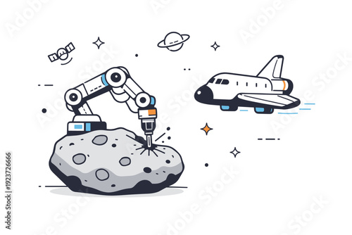 Space resource extraction. A robotic arm carefully drilling into an asteroid while a shuttle hovers nearby. The illustration