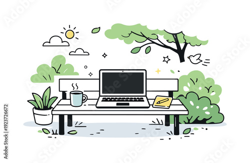 Laptop work in shaded gardens. A relaxed outdoor workspace with a laptop on a bench, dappled sunlight filtering through foliage. Quiet