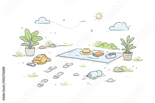 Silence after activity. An outdoor space with traces of recent movement, like footsteps or displaced objects, now resting in calm air. The