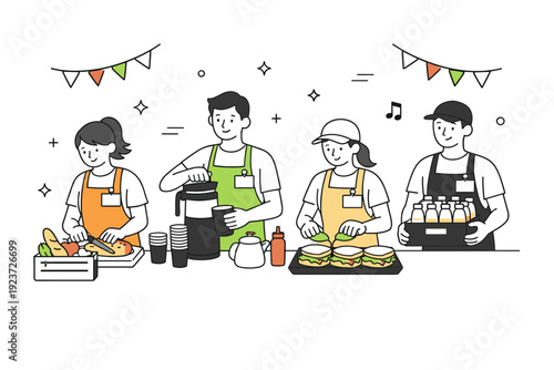 Backstage festival volunteers. A team preparing food and drink stands behind the scenes, wearing simple name tags and aprons. Calm