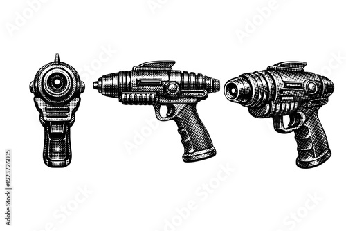 Futuristic Laser Gun Icon. Laser gun icon represented as one futuristic weapon object shown in three views: front view, side view, and three-quarter view