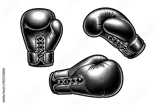 Old-school boxing gloves An old-school boxing glove depicted in three views with traditional rounded silhouette and minimal branding details.