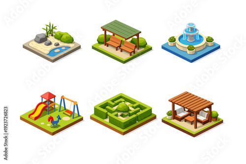 Urban calm parks. Isometric flat vector icons set of Urban calm parks: small zen garden, shaded bench area, water fountain feature,