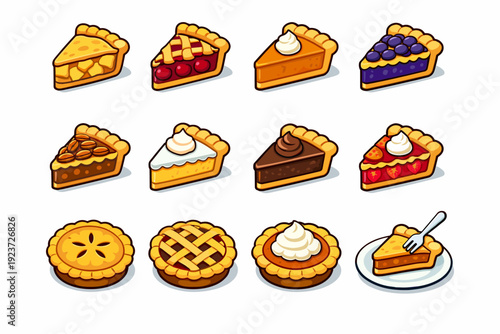 Pies. Colorful isometric vector icons set of Pies: apple pie slice, cherry pie slice, pumpkin pie slice, blueberry pie slice, pecan pie slice, lemon pie slice,