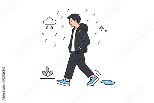 Light drizzle walks. Person walks without umbrella, light rain barely visible, relaxed posture. Mild discomfort, quiet resilience, everyday