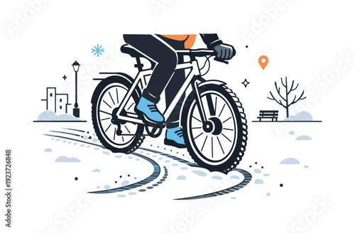 Person riding a fat tire bicycle on a snowy path in a winter city park