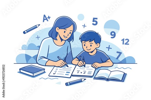 Homework time together. An adult and child review worksheets, pencils and numbers drifting