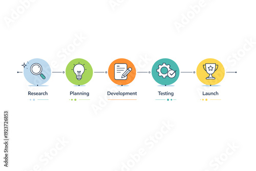 Modern Timeline Elements. Timeline elements illustration. A clean horizontal timeline with rounded nodes, thin connecting lines, and small icons representing