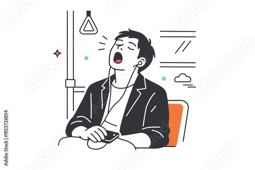 People yawning unposed. A figure yawns on public transport, head tilted back slightly, eyes half closed. Quiet fatigue in a routine commute.